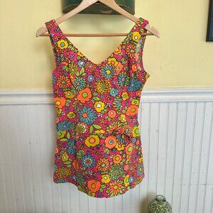 Vintage Swim suit bathing suit bright pink orange one piece skirt